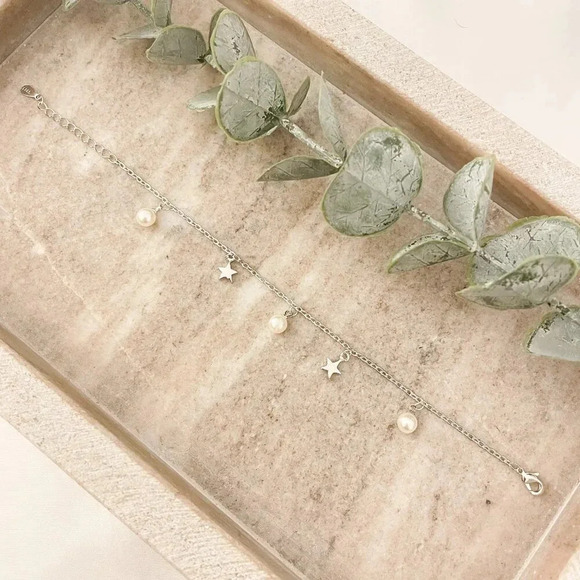 925 Sterling Silver Pearl & Star Charm Bracelet Dainty Bracelet Pearl Bracelet - Picture 3 of 5